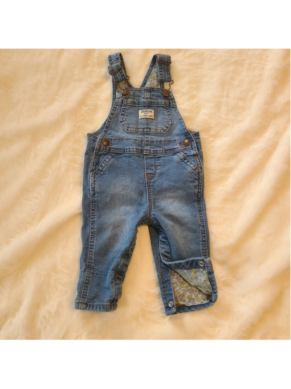 OshKosh B'gosh Denim Bib Overall Girls 9M Blue With Floral Leg Cuffs Trim Jean